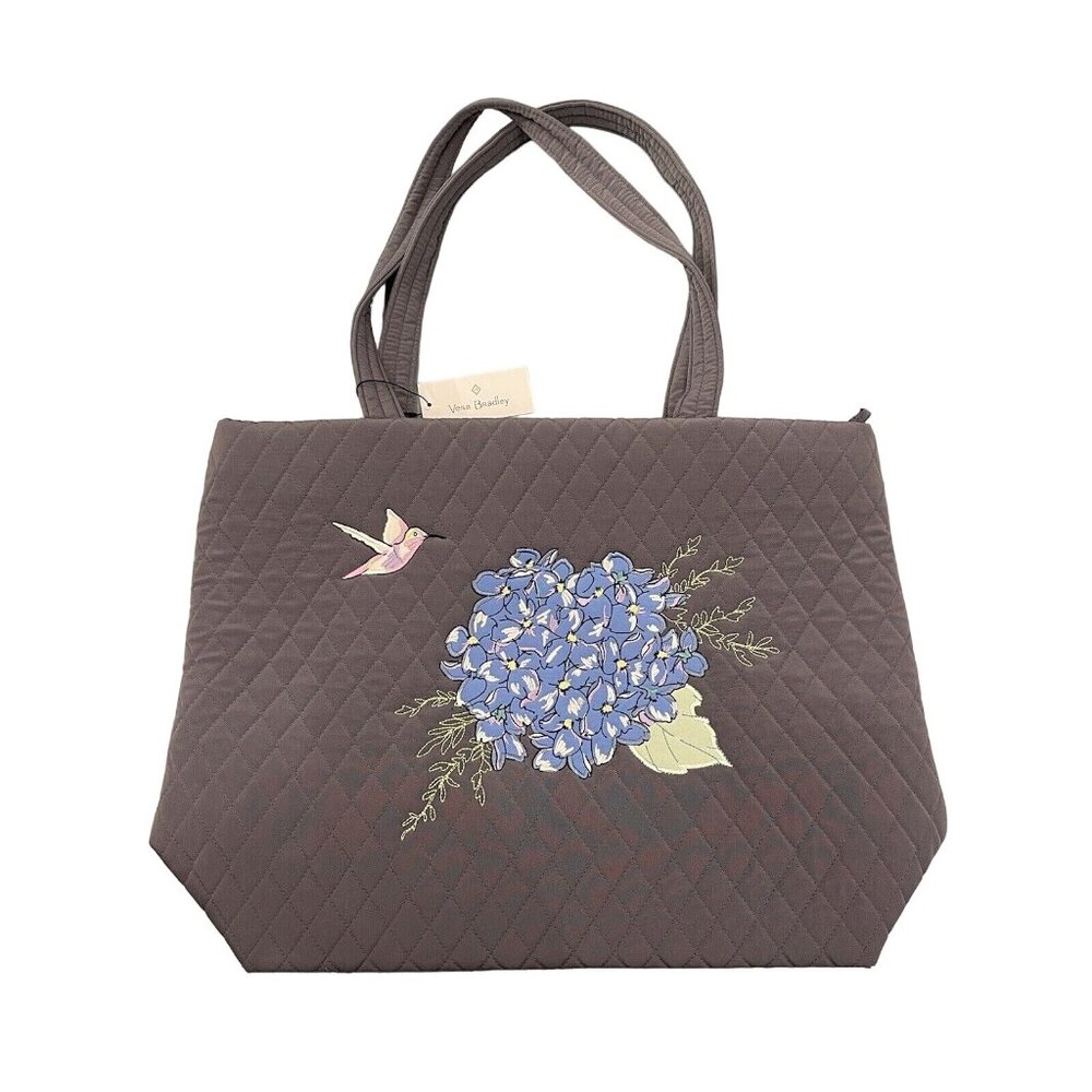 Vera Bradley Happy Hydrangeas Embroidered Hummingbird Large Tote Gray Microfiber